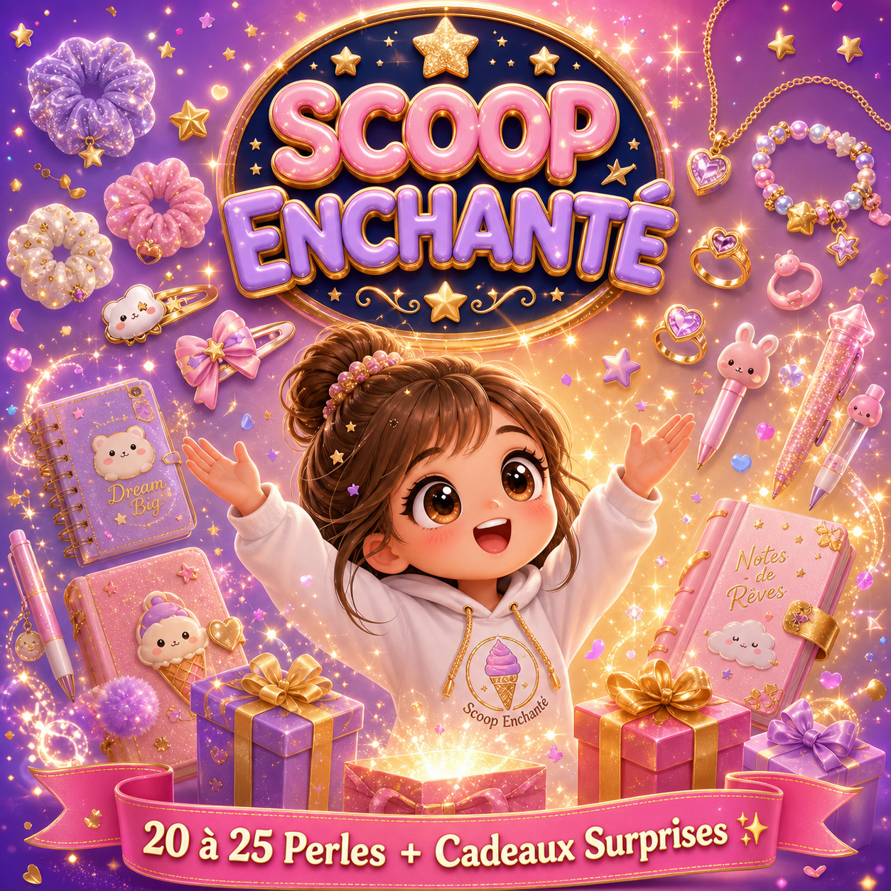 Jeune femme sortant d’une box « Scoop Enchanté », entourée de scrunchies, carnets, stylos et bijoux kawaii, avec la mention « 20 à 25 perles + cadeaux surprises », représentant le coffret enchanté de Le Scoop Fada.