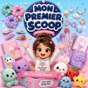 Jeune femme sortant d’une box « Mon Premier Scoop » entourée de peluches kawaii, papeterie mignonne, barrettes, colliers et stylos, avec la mention « 10 à 15 perles kawaii », représentant la mystery surprise box de Le Scoop Fada pour débuter.