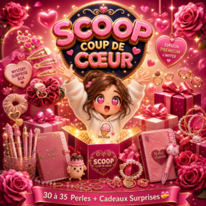 Jeune femme surgissant d’une box « Scoop Coup de Cœur », entourée de cadeaux roses, papeterie kawaii et accessoires, avec la mention « 30 à 35 perles + cadeaux surprises », représentant le coffret romantique de Le Scoop Fada.