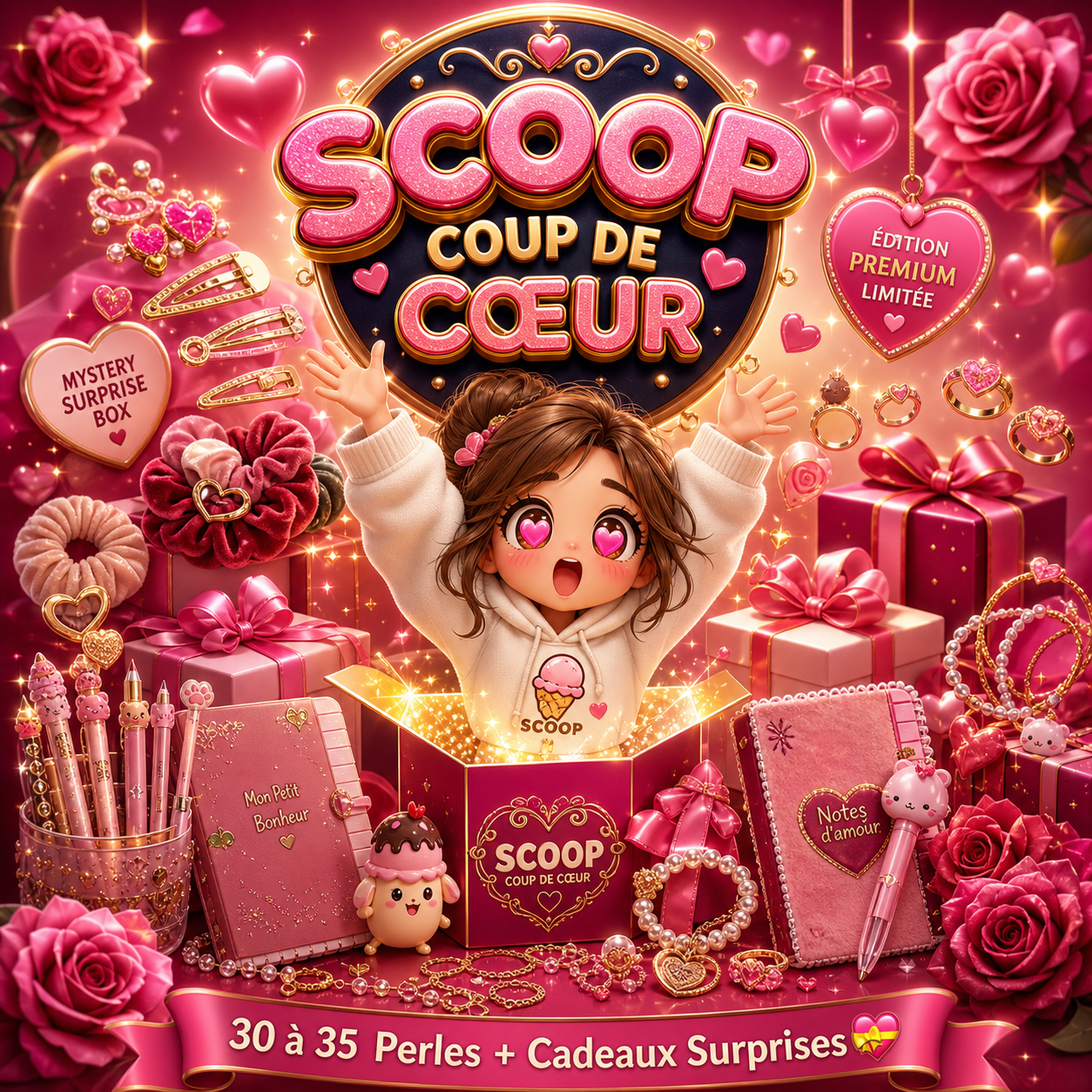 Jeune femme surgissant d’une box « Scoop Coup de Cœur », entourée de cadeaux roses, papeterie kawaii et accessoires, avec la mention « 30 à 35 perles + cadeaux surprises », représentant le coffret romantique de Le Scoop Fada.