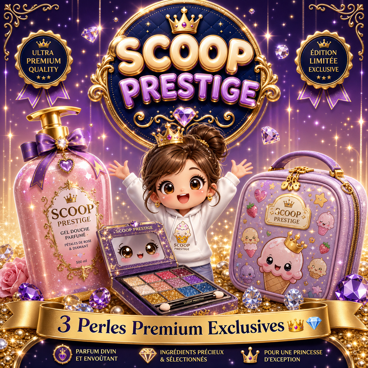 Jeune femme couronnée devant l’univers « Scoop Prestige », entourée d’un gel douche parfumé, d’une palette scintillante et d’un sac kawaii, avec la mention « 3 Perles Premium Exclusives », représentant le coffret prestige de Le Scoop Fada.
