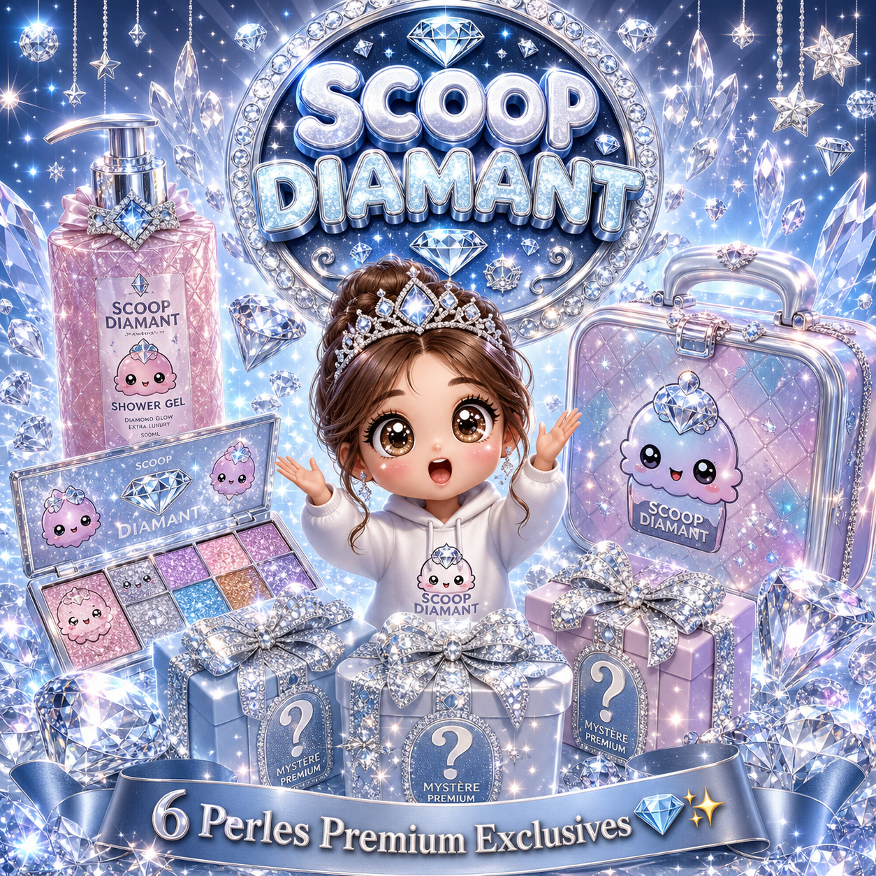 Jeune femme avec couronne devant un décor brillant « Scoop Diamant », entourée de coffrets cadeaux, gel douche, palette et valise kawaii, mettant en avant le coffret premium 6 perles exclusives de Le Scoop Fada.
