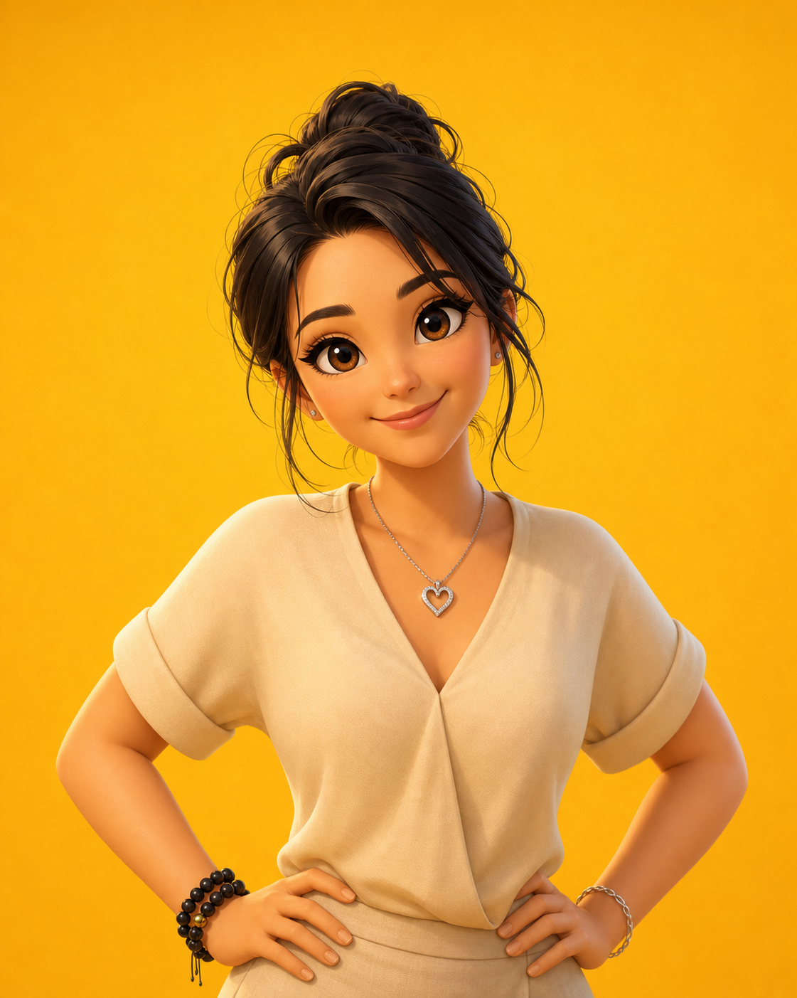 Jeune femme en haut beige et collier cœur posant sur un fond jaune uni, illustrant un portrait stylisé associé à l’univers de Le Scoop Fada.