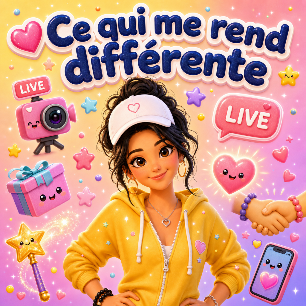 Jeune femme en hoodie jaune devant le texte « Ce qui me rend différente », entourée d’icônes kawaii de caméra live, cadeau, cœur, poignée de main et smartphone, illustrant les lives interactifs de Le Scoop Fada.