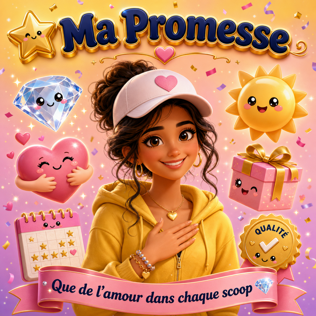 Jeune femme en hoodie jaune, main sur le cœur, entourée d’illustrations kawaii de diamant, soleil, cœur et cadeau, avec le texte « Ma Promesse – Que de l’amour dans chaque scoop », représentant l’engagement de Le Scoop Fada.