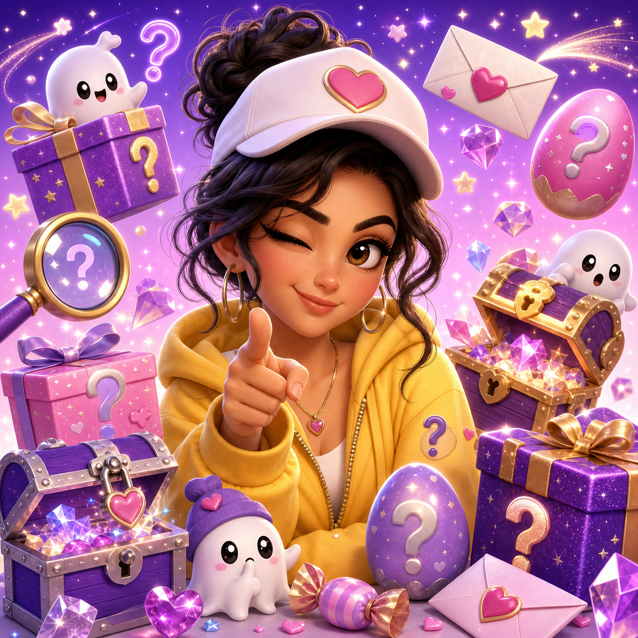 Jeune femme dans un univers kawaii violet entourée de coffres surprises, cadeaux mystères, enveloppes, diamants et petits fantômes, représentant l’ambiance ludique et féerique de Le Scoop Fada.