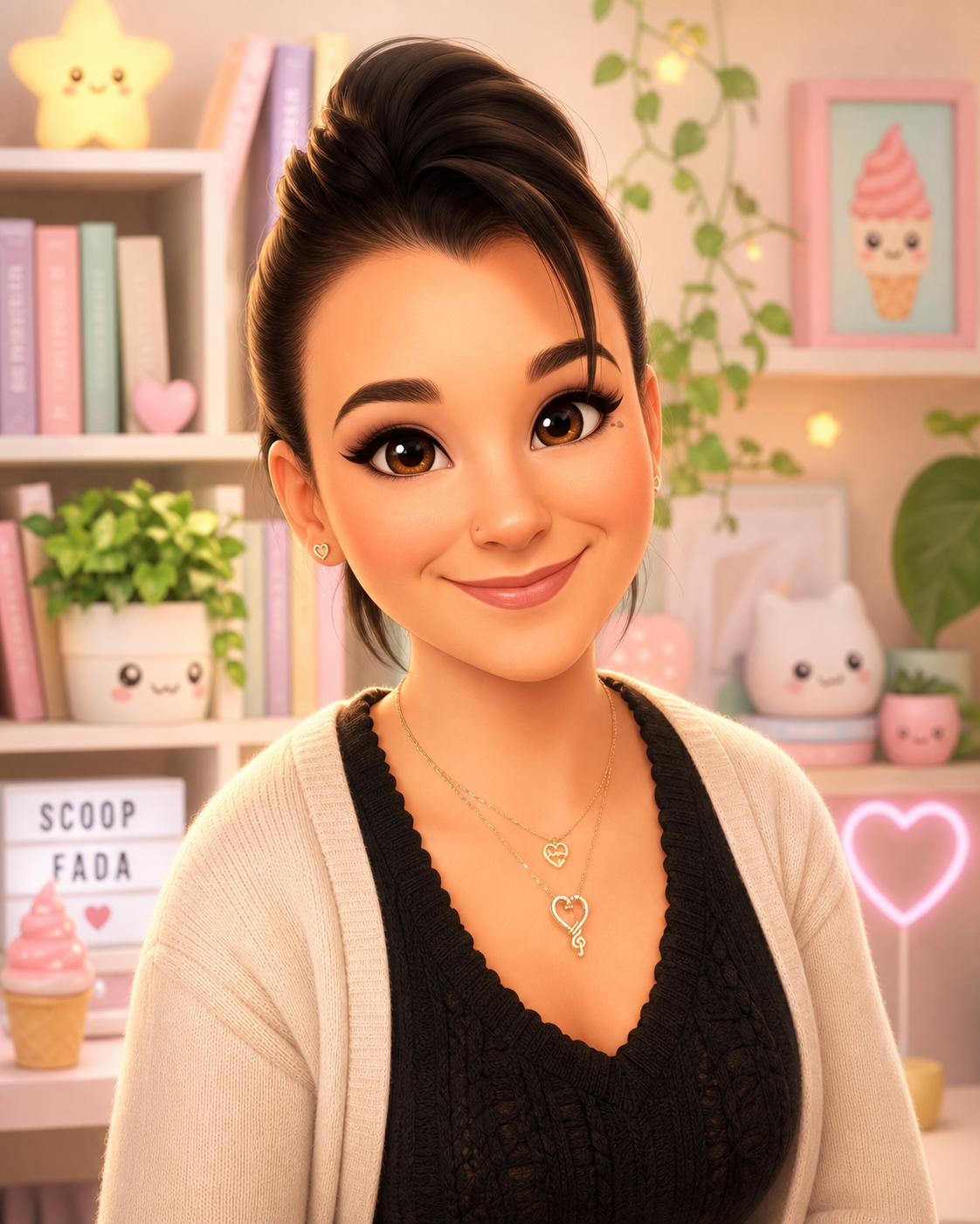 Jeune femme portant un gilet beige et un collier à pendentifs cœurs, assise dans un bureau décoré de livres pastel, plantes et objets kawaii, avec une lightbox « Scoop Fada », représentant l’univers chaleureux de Le Scoop Fada.