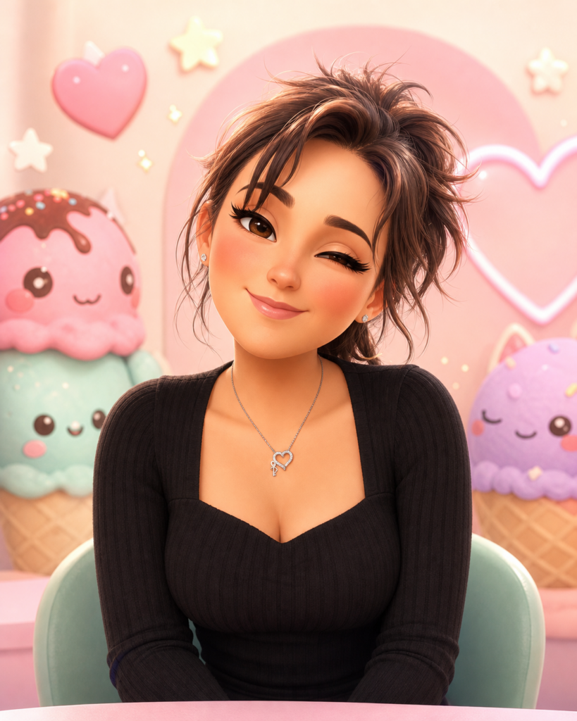 Jeune femme assise, portant un haut noir et un collier en forme de cœur, posant devant un décor kawaii avec glaces pastel et cœurs, représentant l’univers gourmand et mignon de Le Scoop Fada.