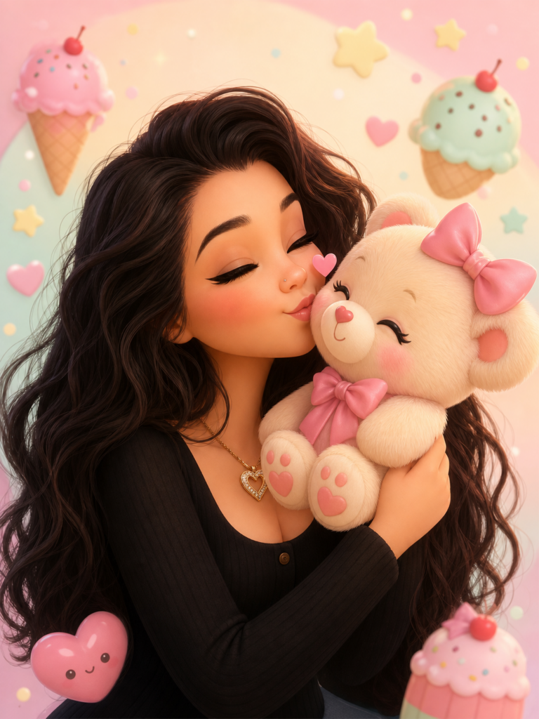 Jeune femme aux cheveux longs tenant dans ses bras une peluche ours kawaii rose avec un nœud, sur un fond pastel décoré de glaces et cœurs, illustrant l’univers cute de Le Scoop Fada.
