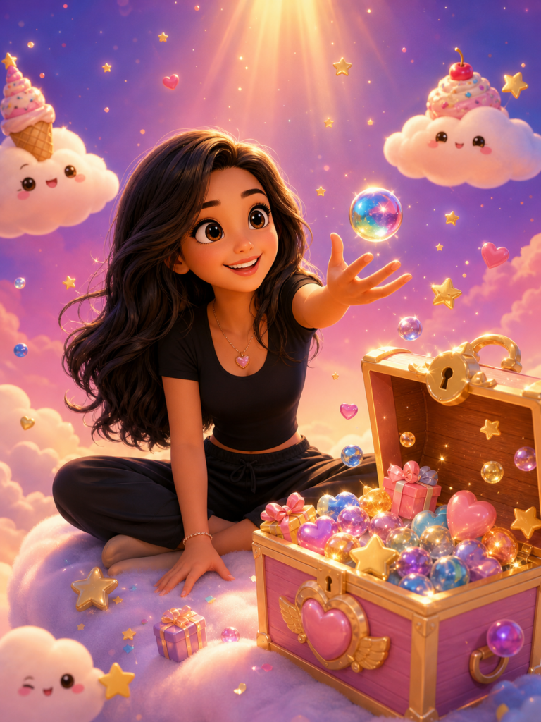 Illustration kawaii Le Scoop Fada - personnage féminin qui tire une bille surprise d'un coffre magique entouré de cadeaux, étoiles et nuages kawaii