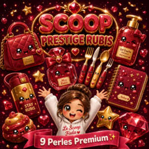 Box surprise kawaii Scoop Prestige Rubis Le Scoop Fada - 9 articles premium kawaii tirés au sort - sac kawaii, gel douche, parfum, carnet, gourde, set de couverts, squishy - thème rouge rubis et or