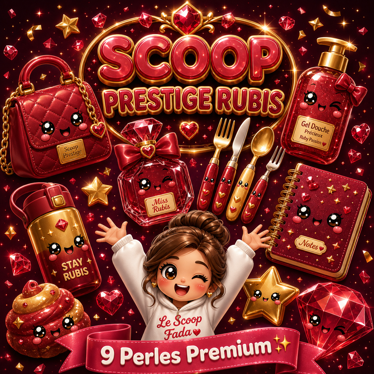 Scoop Prestige Rubis 1 Box surprise kawaii Scoop Prestige Rubis Le Scoop Fada - 9 articles premium kawaii tirés au sort - sac kawaii, gel douche, parfum, carnet, gourde, set de couverts, squishy - thème rouge rubis et or