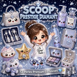 Box surprise kawaii Scoop Prestige Diamant Le Scoop Fada - 12 articles premium kawaii tirés au sort - sac kawaii, gel douche, parfum, palette maquillage, carnet, gourde, set de couverts, squishy, bijoux - thème diamant bleu glacé et argent