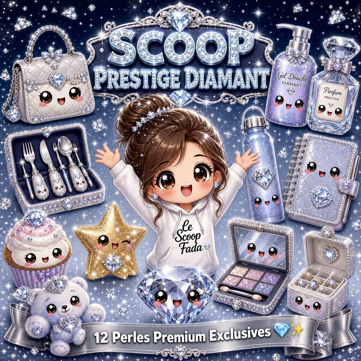 Scoop Prestige Diamant 1 Box surprise kawaii Scoop Prestige Diamant Le Scoop Fada - 12 articles premium kawaii tirés au sort - sac kawaii, gel douche, parfum, palette maquillage, carnet, gourde, set de couverts, squishy, bijoux - thème diamant bleu glacé et argent