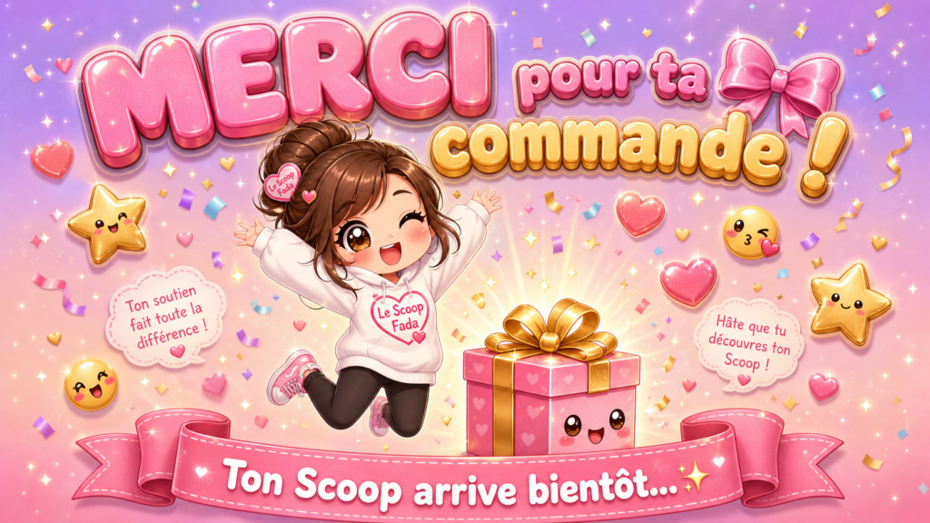 Page de remerciement commande Le Scoop Fada - illustration kawaii chibi girl heureuse avec confettis or étoiles et coeurs - merci pour ton achat box surprise kawaii